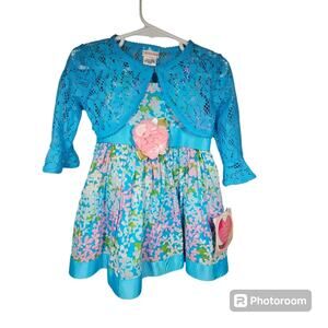 Youngland Sleeveless Floral Swiss Dot Dress w/Pink Rosette and Bolero Jacket 2T